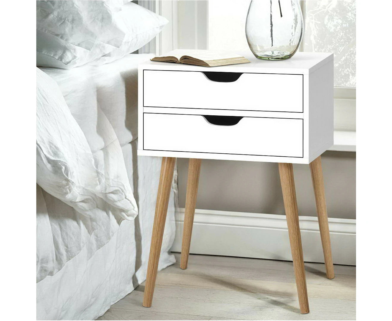 Bedside Table 2 Drawers - BODIE White