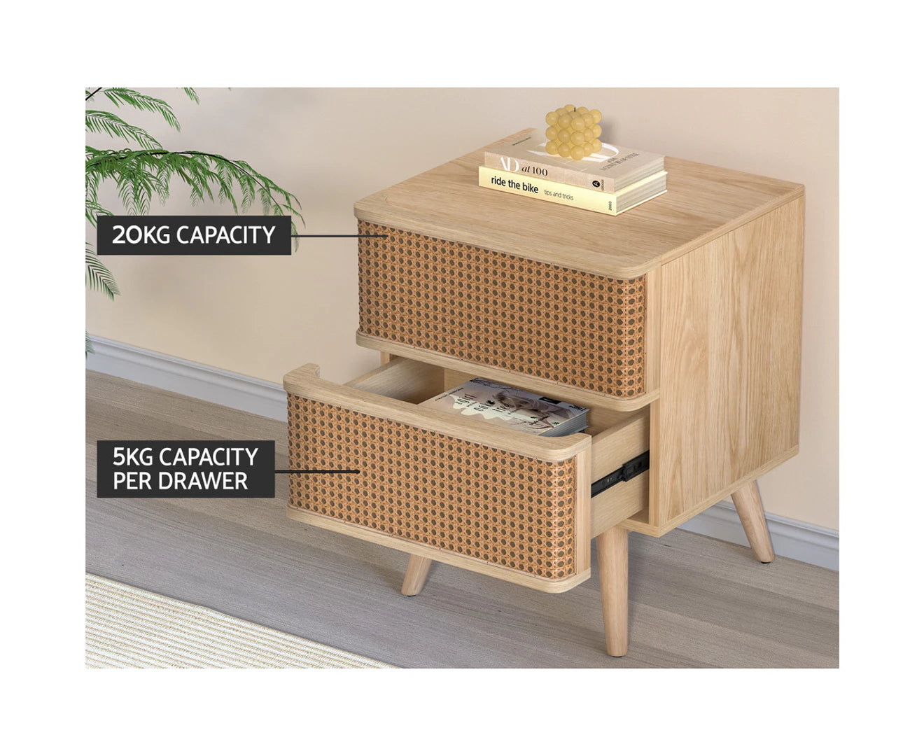 Bedside Table Rattan 2 Drawers - NORA Pine