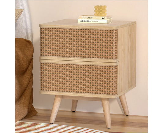 Bedside Table Rattan 2 Drawers - NORA Pine