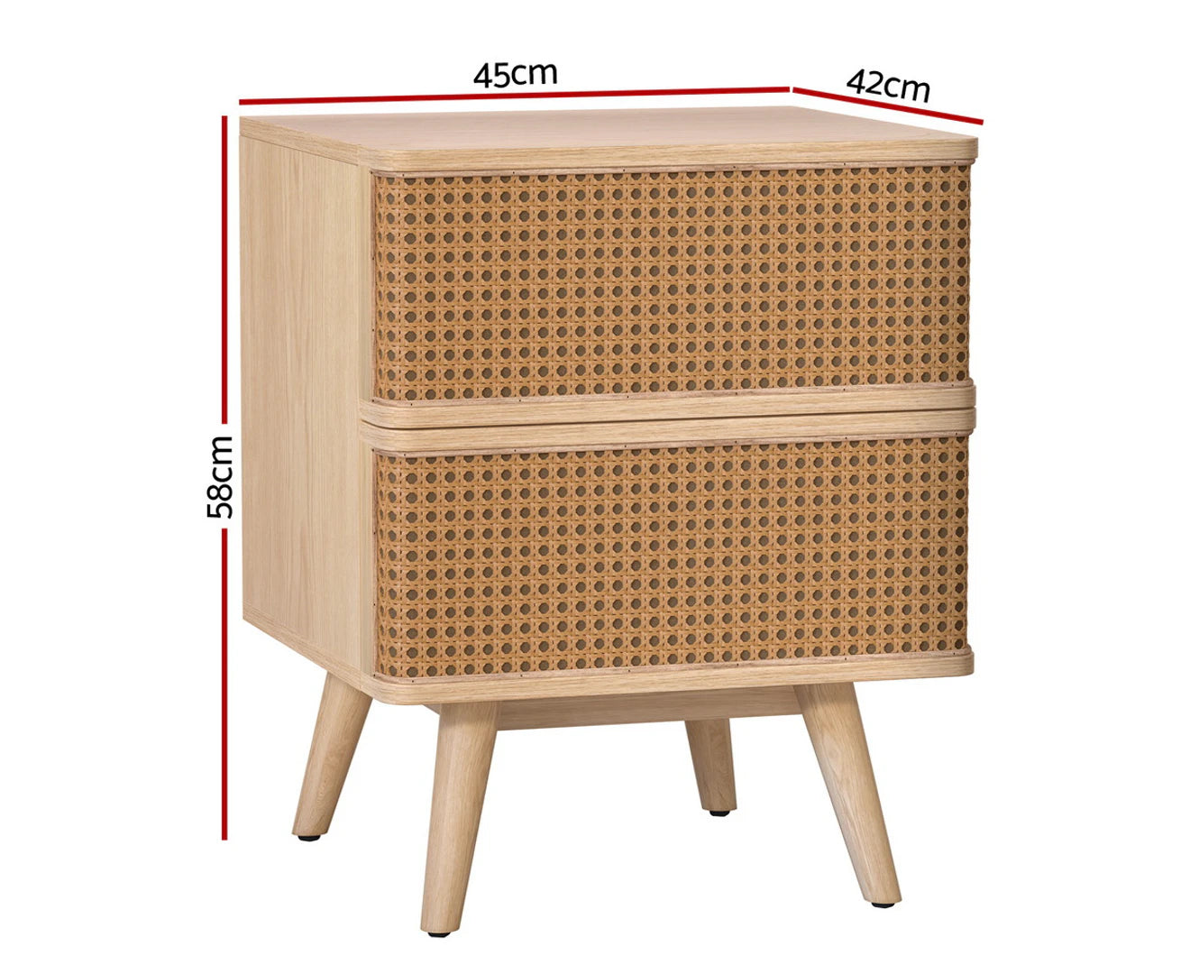 Bedside Table Rattan 2 Drawers - NORA Pine