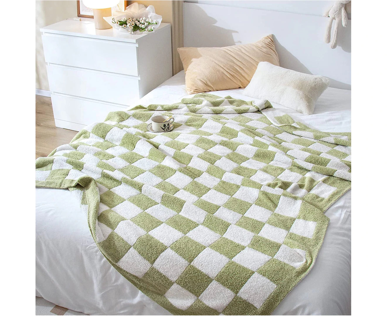 127X152Cm Checkered Grid Chessboard Warmer Comfort Reversible Shaggy Cozy Throw Blanket