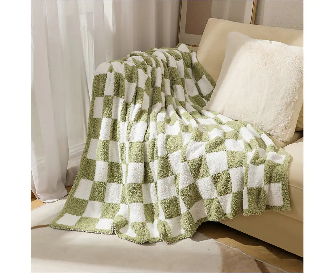 127X152Cm Checkered Grid Chessboard Warmer Comfort Reversible Shaggy Cozy Throw Blanket