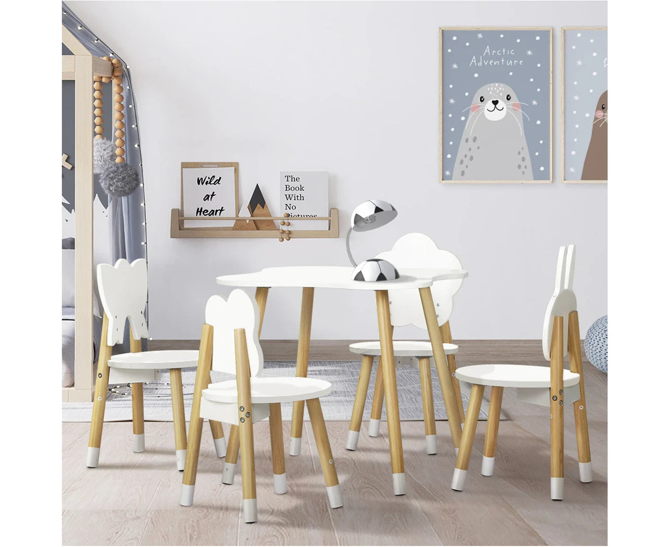 5PCS Kids Table and Chairs Set Children Activity Study Play Desk White